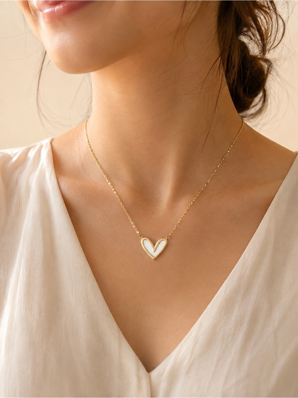 Gold Heart Pendant Necklace with White Inlay - Women Jewelry Steel 316L